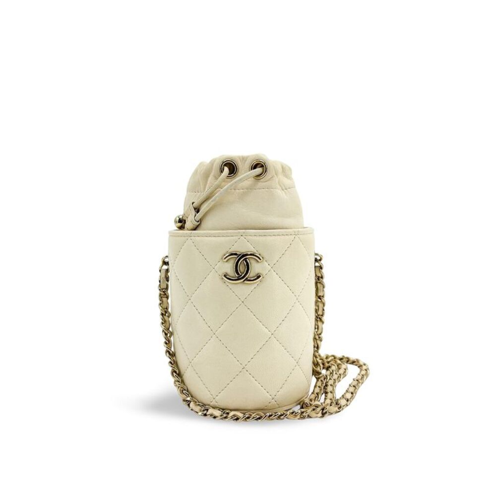 Chanel Drawstring Bucket With Chain Quilted Lambskin Gold Leather Shoulder Bag